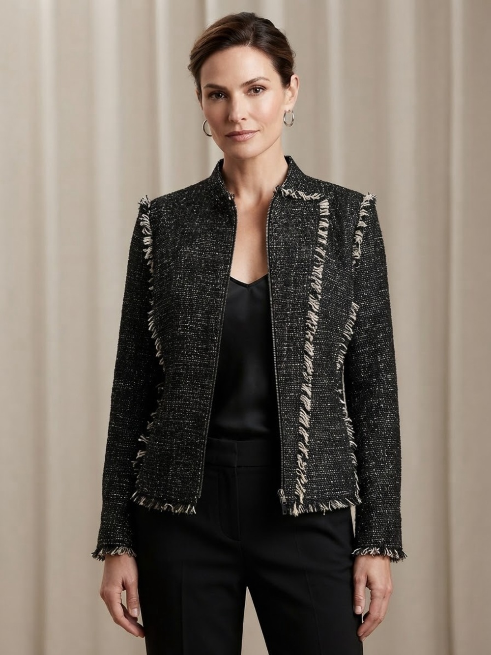 Ann Taylor Black Tweed Fringe-Trim Zip Blazer Jacket
